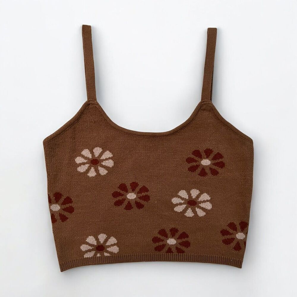 NEW Altar'd State Retro Daisy Brown Tan Knit Strappy Crop Top Size Medium